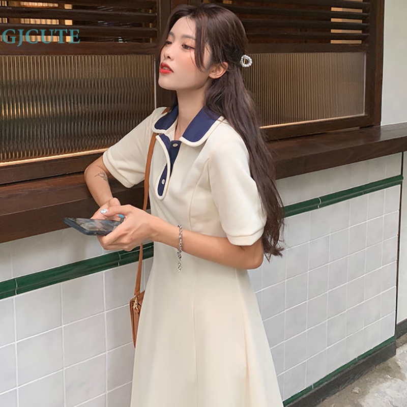 Đầm Midi Tay Ngắn Cổ Bẻ Ghép Vải Phong Cách Preppy WTD