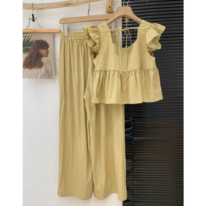 Bộ Áo Sơ Mi Tay Cánh Tiên + Quần Dài Ống Rộng Thời Trang Mùa Hè Hàng Mới Dành Cho Bạn Nữ