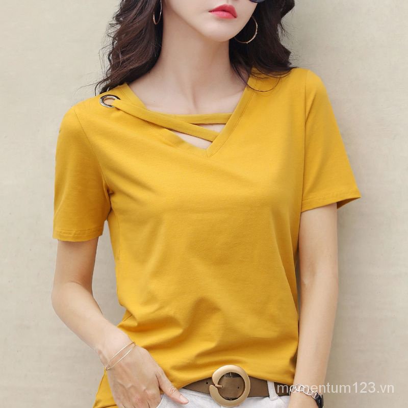 Áo Thun Cotton Tay Ngắn Cổ Chữ V Dáng Rộng Màu Trắng Đen Thời Trang Mùa Hè 2023 Phong Cách Hàn Quốc Cho Nữ