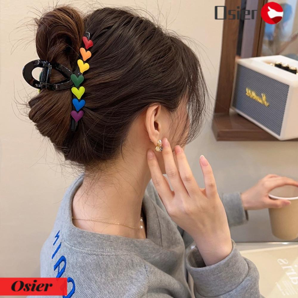 OSIER1 Kẹp Tóc Đuôi Ngựa Bằng Acrylic Hình Trái Tim Màu Cầu Vồng Thời Trang Cho Nữ