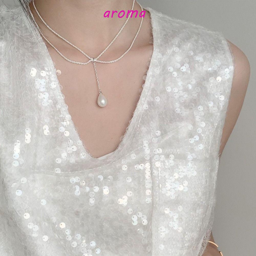 AROMA Dây Chuyền Hai Lớp Mặt Hình Giọt Nước Lấp Lánh Phong Cách Hàn Quốc