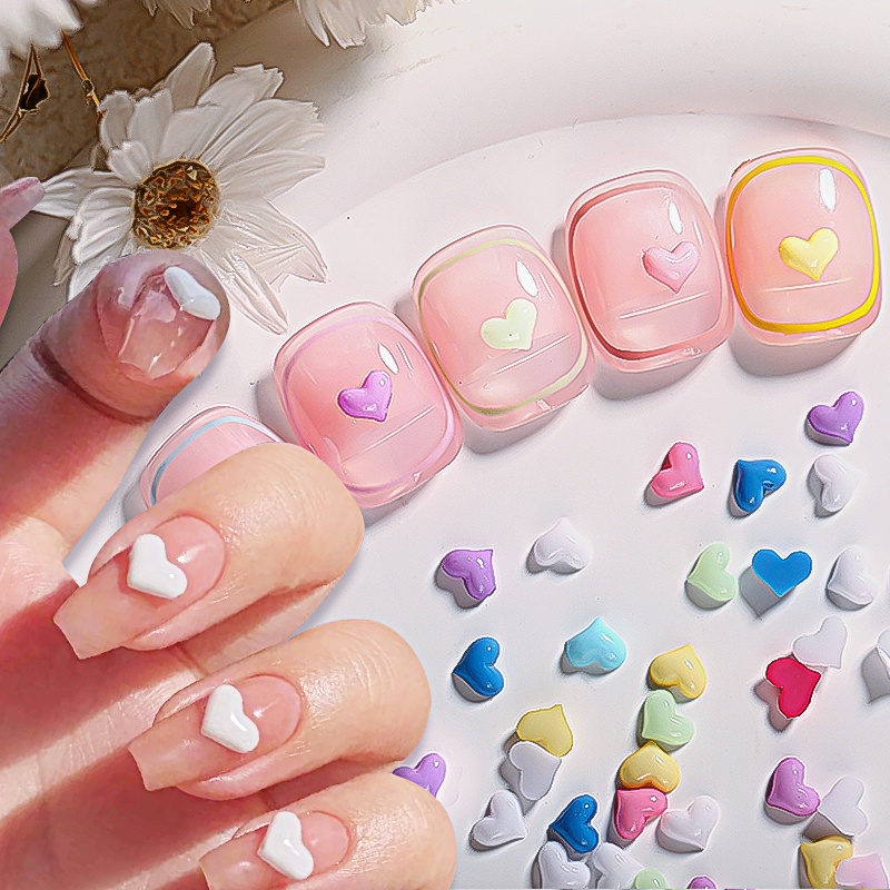 UR Sugar Set 100 Phụ Kiện Trang Trí Móng Tay Nghệ Thuật Hình Trái Tim Màu Trắng Hồng Xinh Xắn