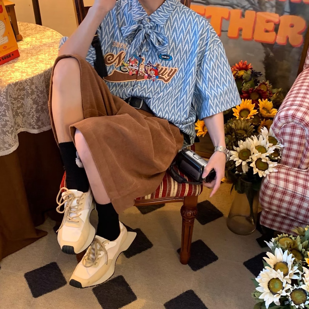 Áo Sơ Mi Tay Ngắn Kẻ Sọc Thêu Họa Tiết Phong Cách Retro Mỹ Thời Trang Mùa Hè Cho Nam Và Nữ