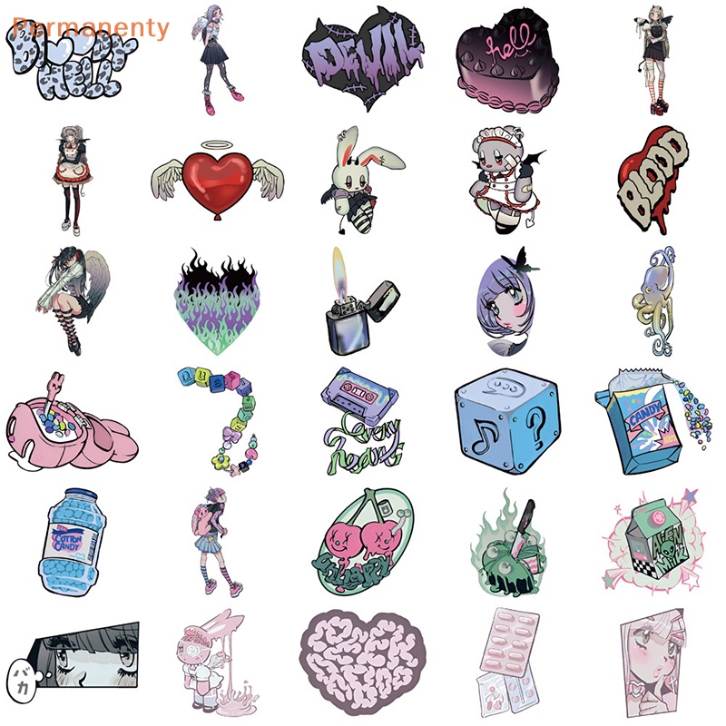Bộ 60 Sticker Dán Laptop / Xe Hơi / Laptop / Điện Thoại Họa Tiết Hoạt Hình Dễ Thương Y2K Domi Phong Cách Gothic