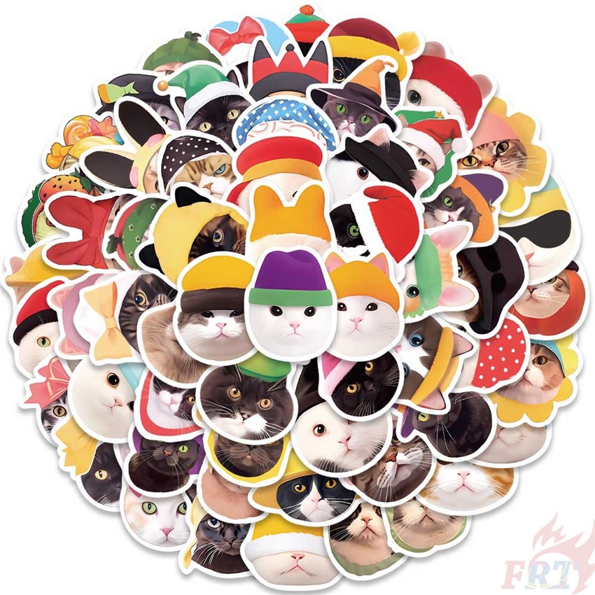 ❉ Chú Mèo Đội Mũ Ngộ Nghĩnh Đáng Yêu Miếng Dán Trang Trí Hình Mèo Dễ Thương Series 01 ❉ Bộ 55 Sticker Chống Thấm Nước Họa Tiết Doodle Hợp Thời Trang