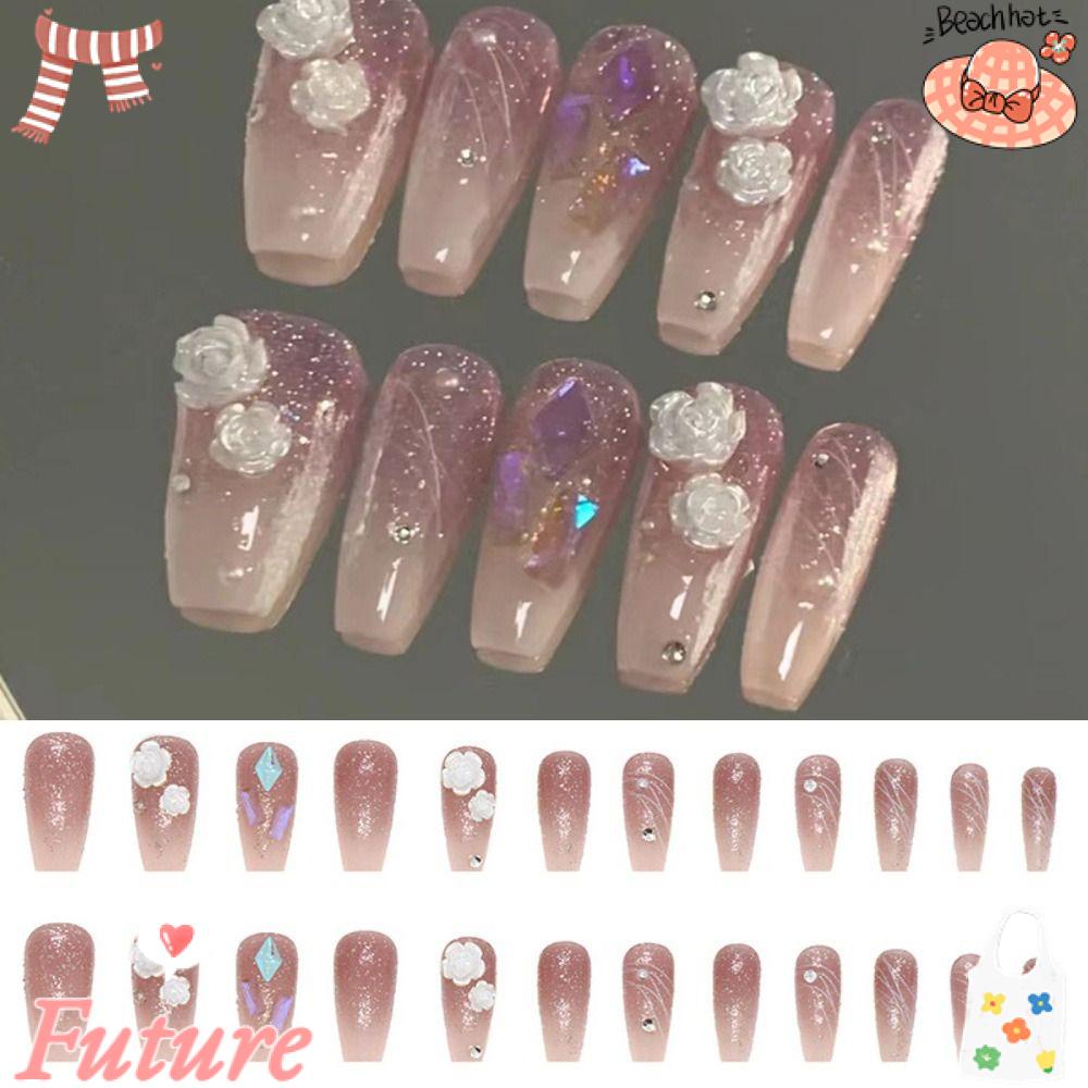 FUTURE Bộ 24 Móng Tay Giả Che Phủ Toàn Diện Họa Tiết Hoa Trà Trắng Xinh Xắn