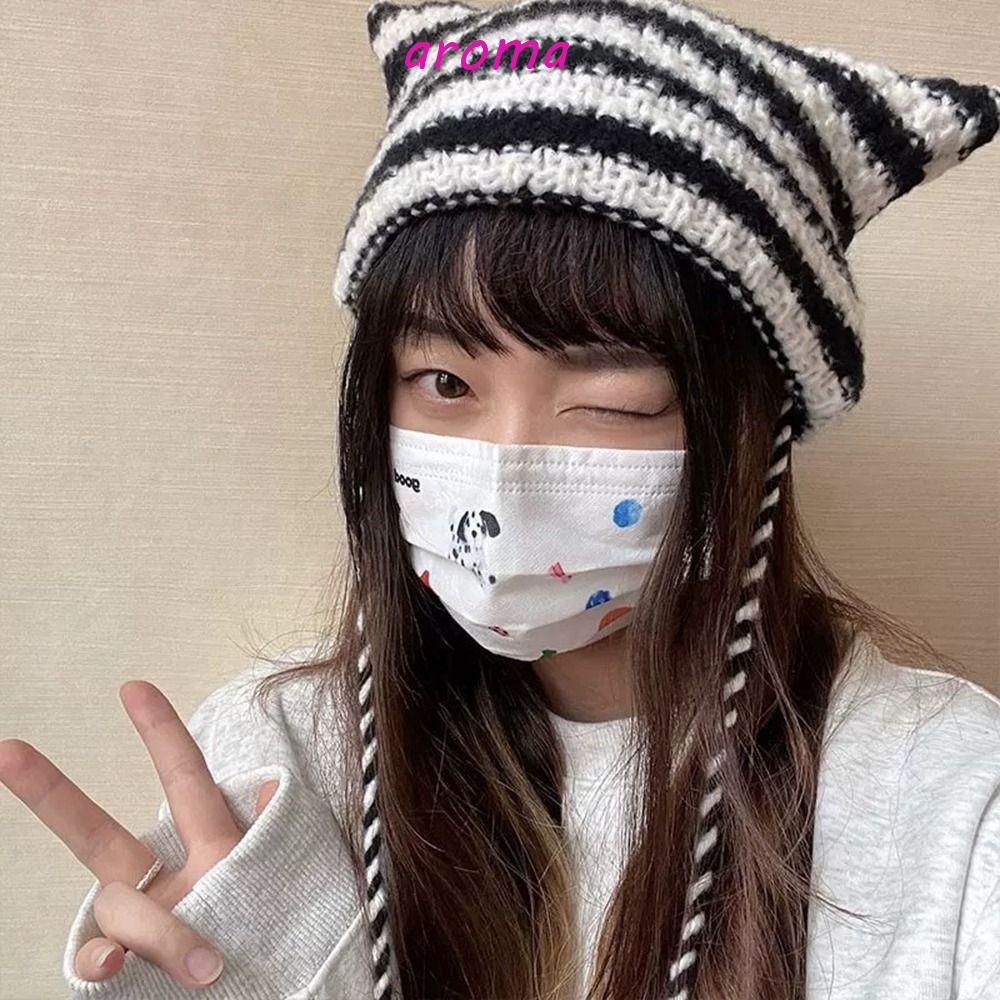 AROMA Mũ Len Hình Tai Mèo Hoạt Hình Bảo Vệ Tai Thời Trang Thu Đông Cho Nữ