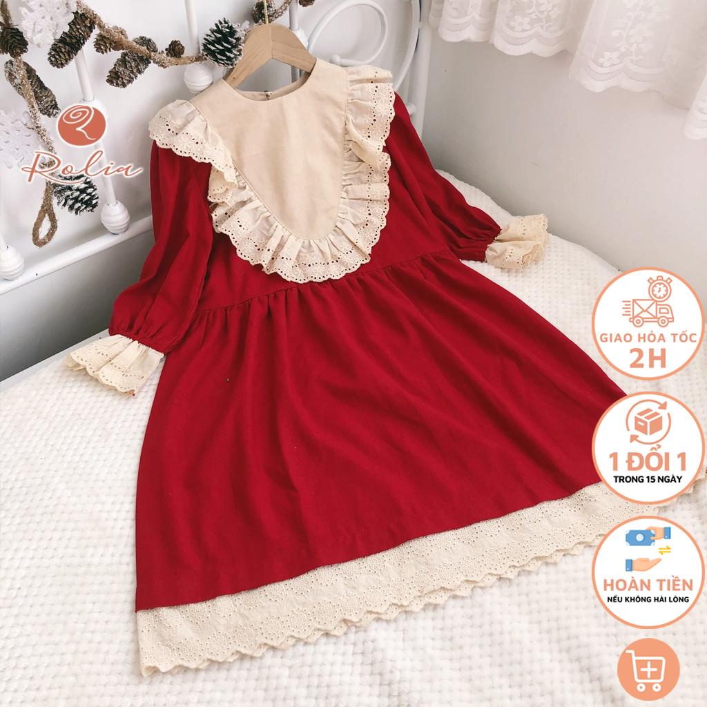 Váy bé gái ROLIA ngực và cổ phối be cách điệu xinh xắn chất liệu linen mặc tết cho bé V46