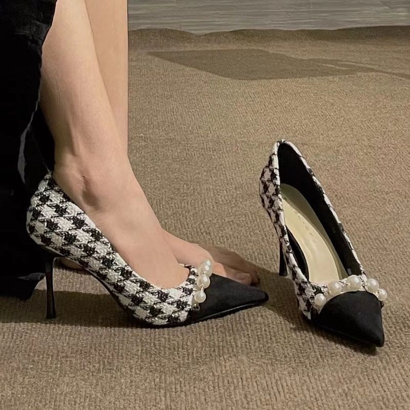 🔥 Hot sale 🔥Giày cao gót mũi nhọn 10cm, họa tiết răng chó săn thời trang Pháp, giày cao gót nữ