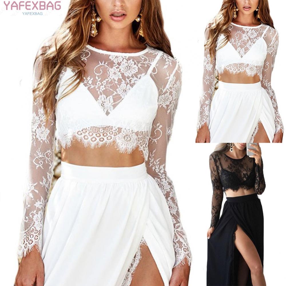 Alluring Lace Mesh See Through Crop Tops with Sheer Sleeves Short Blouse T shirt