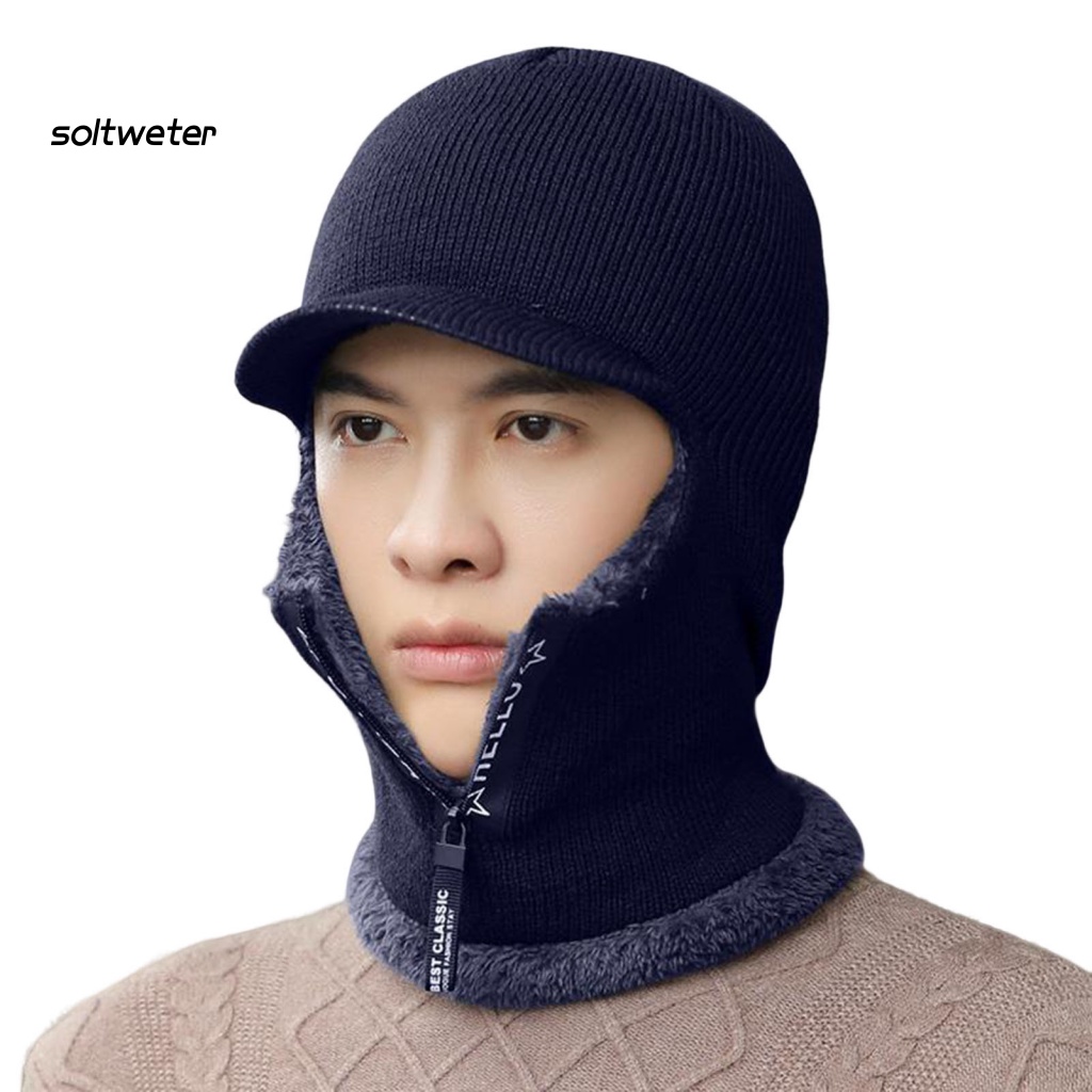 Mũ Giữ Nhiệt Dệt Kim Lót Lông Cừu Màu Trơn Bảo Vệ Cổ 2 Trong 1 Có Khóa Kéo Cho Nam