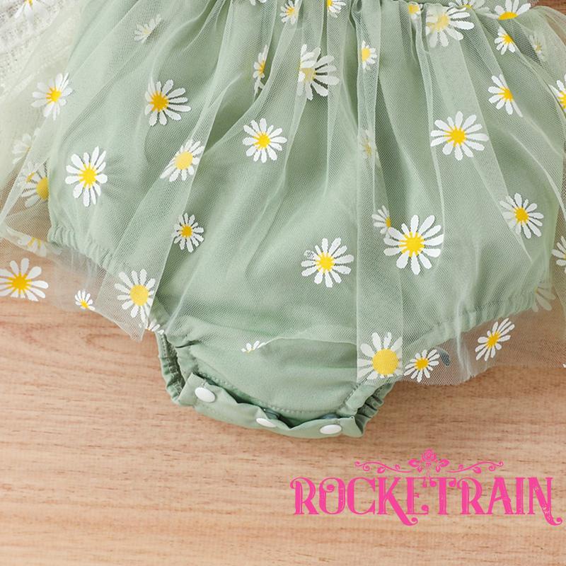 Set 2 Món Áo Liền Quần In Hoa Cúc Phối Bèo + Băng Đô Xinh Xắn Cho Bé Gái