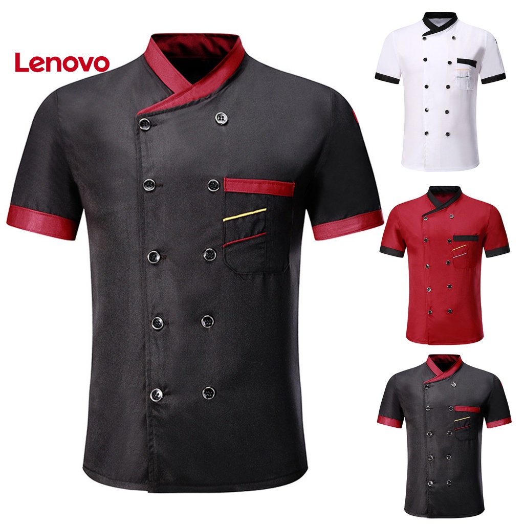 Áo Đầu Bếp Ngắn Tay Cổ Đứng Cài Hai Hàng Nút Họa Tiết Hoa Hướng Dương Phối Túi Cho Nam Nữ