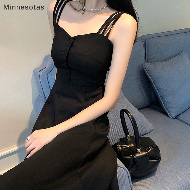 Đầm Hai Dây Dáng Chữ a Màu Trơn Hở Lưng Thời Trang Mùa Hè Hàn Quốc Quyến Rũ Cho Nữ