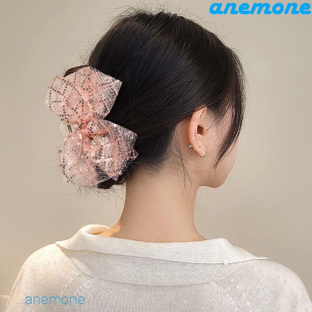 ANEMONE Kẹp Tóc Nơ Bằng Acrylic Phối Lưới Đính Kim Sa Lấp Lánh Thời Trang Hàn Quốc