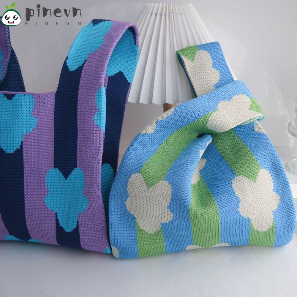 PINEVN Túi Xách Đan Len Họa Tiết Hoa Thắt Nút Xinh Xắn