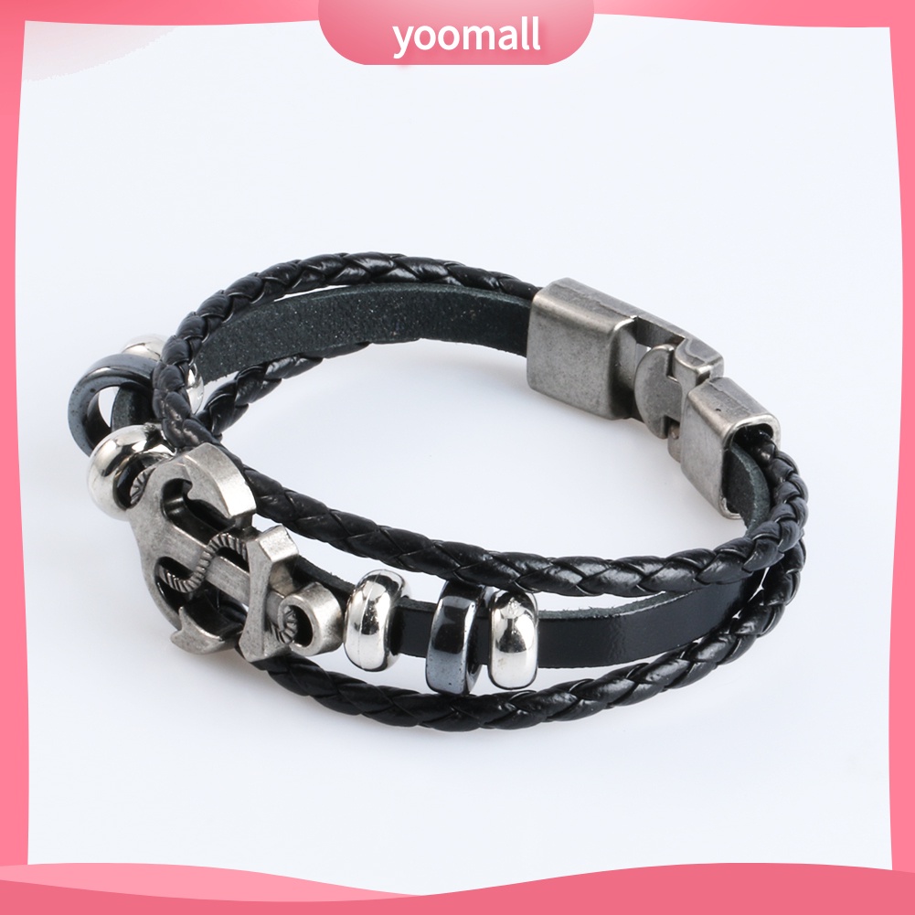 Vòng Tay Da Mặt Mỏ Neo Kim Loại Phong Cách Vintage Cho Nam