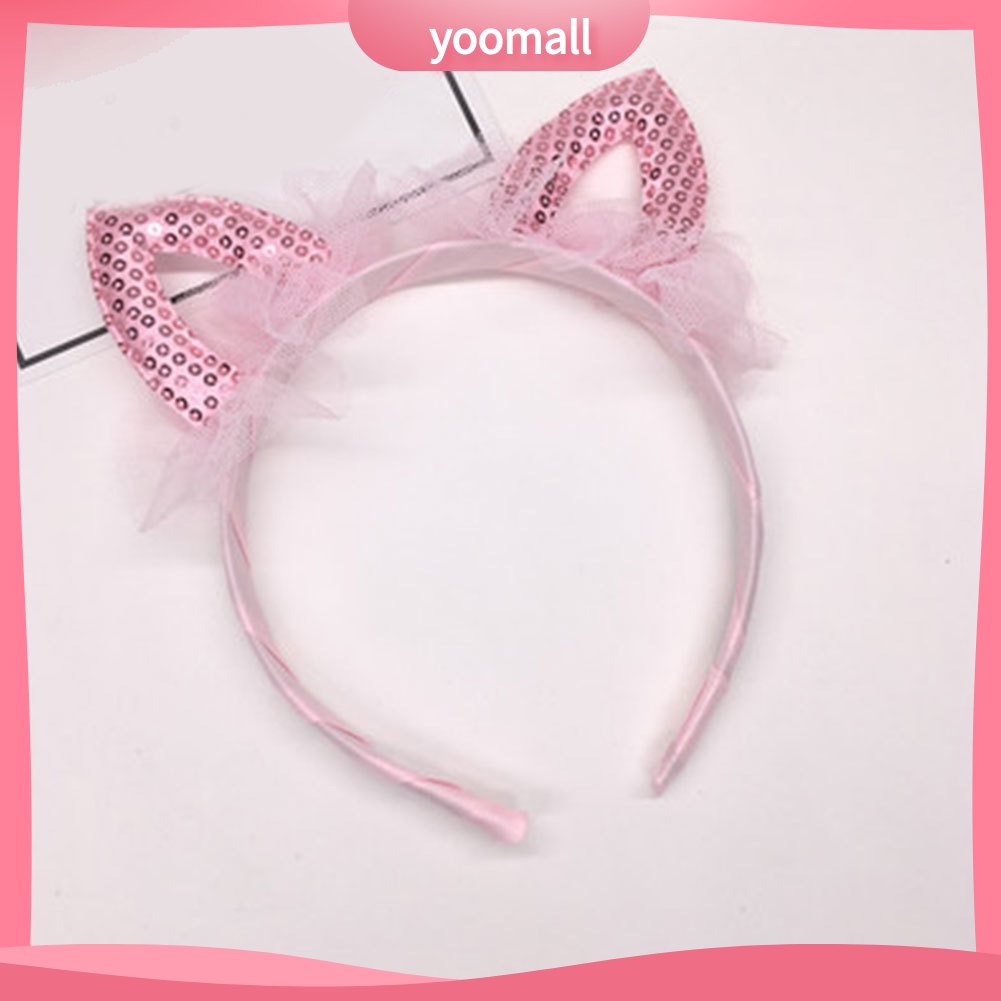 Băng Đô Cài Tóc Hình Tai Mèo Bằng Vải Gạc Đính Kim Sa Dễ Thương Cho Bé Gái