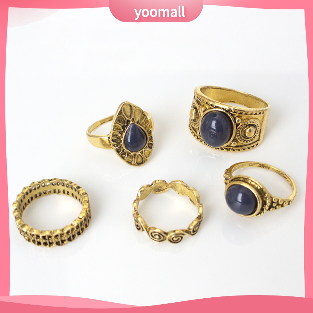 Bộ 5 Nhẫn Hợp Kim Đính Đá Xanh Phong Cách Bohemian Cổ Điển