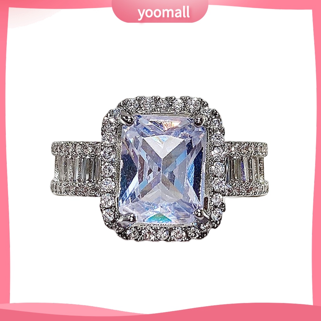 [YM] Nhẫn Cưới Bản Rộng Đính Đá Zircon Hình Vuông Lấp Lánh Không Gây Dị Ứng Trang Trí Phong Cách Phương Tây Cho Nữ