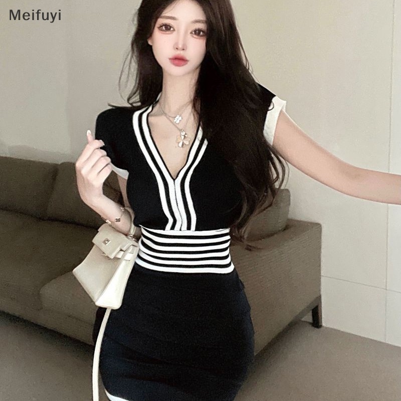 [Meifuyi] Striped Knitted Slim Fit Mini Dress Women V-neck Wrapped Summer Casual Dresses COD