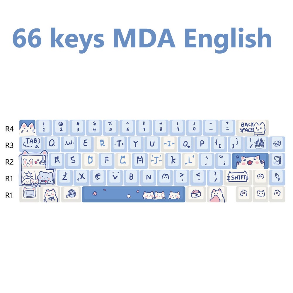 Blue Meow Meow keycaps PBT five-sided heat Sublimation MDA Profile For MX Switch Fit 61/64/68/87/96/104/108 Keyboard MDA Keycaps