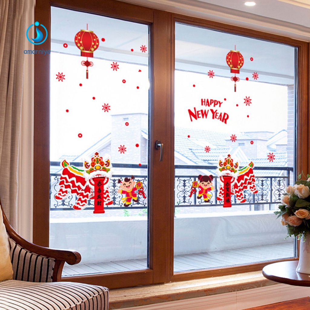 Amar Miếng Dán Tường Trong Suốt In Họa Tiết Sư Tử Nhảy Múa Lồng Đèn Chống Trống