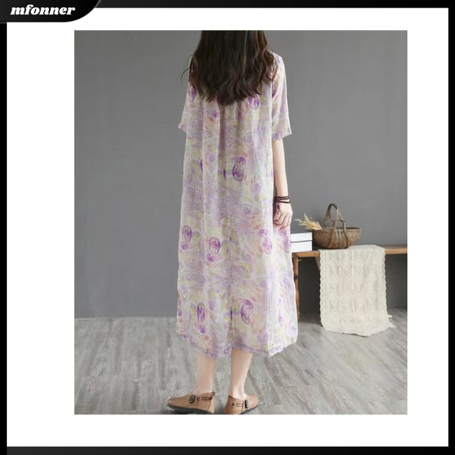 Đầm Midi Tay Ngắn Eo Cao In Họa Tiết Hoa Phong Cách Dân Tộc Cổ Điển Thời Trang Mùa Hè Cho Nữ
