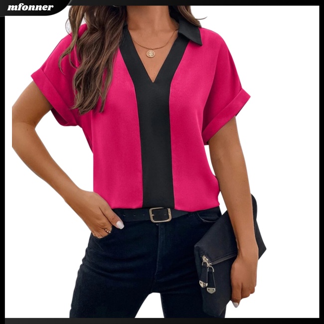 Áo Sơ Mi Tay Ngắn Cổ Chữ V Dáng Rộng Màu Tương Phản Thoáng Khí Thời Trang Cho Nữ