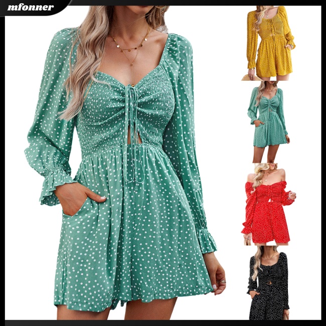 Bộ Áo Liền Quần Tay Dài Phồng In Họa Tiết Chấm Bi Thanh Lịch Cho Nữ