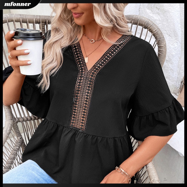 Áo Sơ Mi Nữ Tay Dài Cổ Chữ V Khoét Sâu Màu Sắc Thanh Lịch