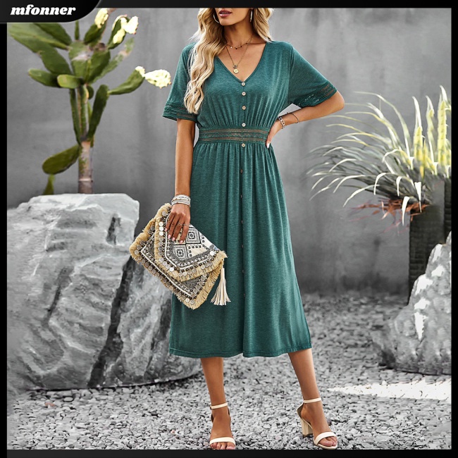 Đầm Midi Tay Ngắn Cổ Chữ V Màu Sắc Thanh Lịch Dành Cho Nữ