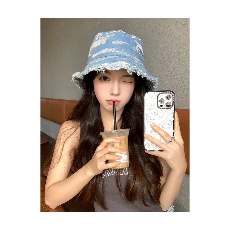 Mũ Bucket Denim Viền Lớn Màu Trơn Phong Cách Nhật Bản Dễ Phối Đồ Cho Nữ