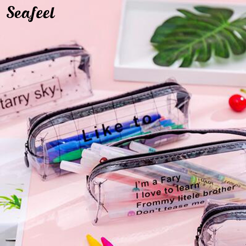 Túi Đựng Bút Trong Suốt In Chữ / Biển Dễ Thương Có Khóa Kéo Tiện Dụng