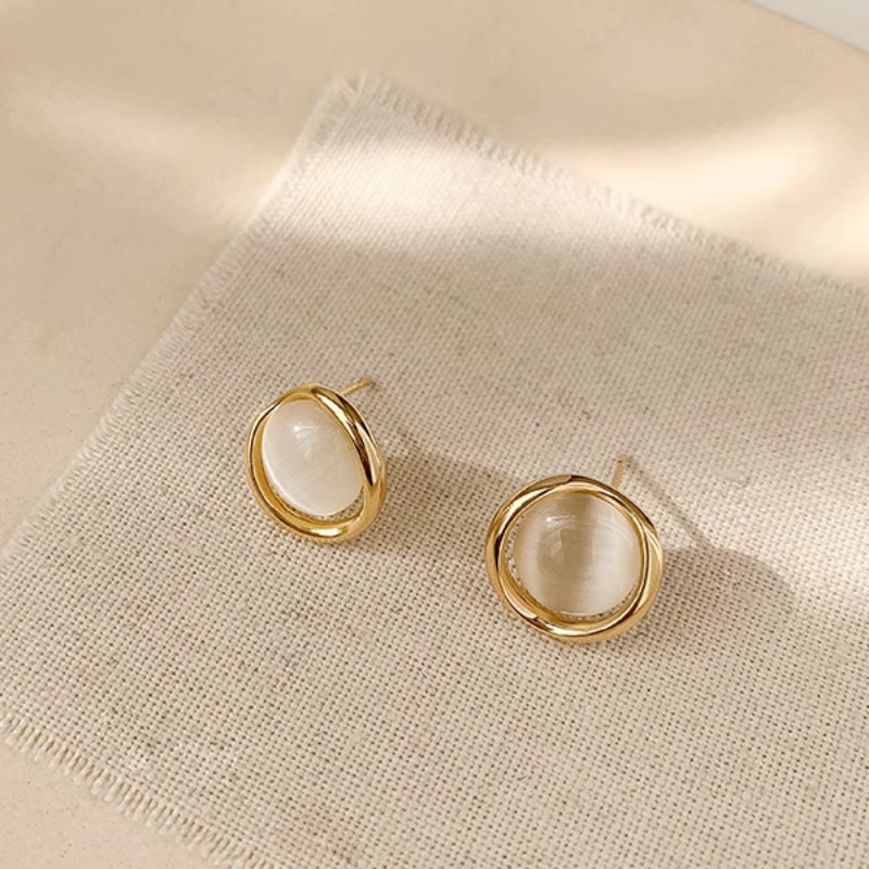 Bông Tai Mạ Bạc 925 Hình Tròn Rỗng Đính Đá Opal Đơn Giản Thời Trang Phong Cách Hàn Quốc Cho Nữ