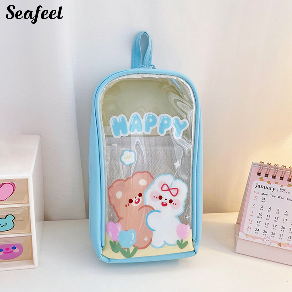 Túi Đựng Thước Kẻ Trong Suốt Chống Nước In Họa Tiết Thỏ / Gấu Có Dây Đeo