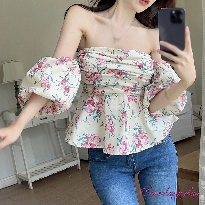 Áo Kiểu Trễ Vai Tay Phồng Ngắn In Họa Tiết Hoa Thời Trang Mùa Hè Xinh Xắn Cho Nữ