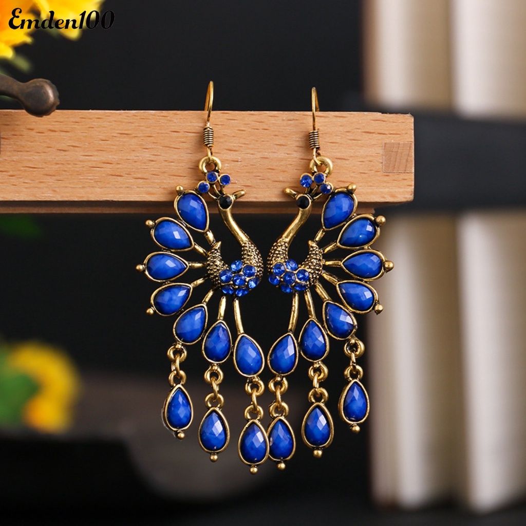 1 Đôi Bông Tai Dài Hình Chim Công Đính Đá