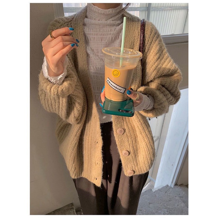 Áo Khoác Cardigan Dệt Kim Cổ Chữ V Dáng Rộng Màu Trơn Phong Cách Hàn Quốc Mới