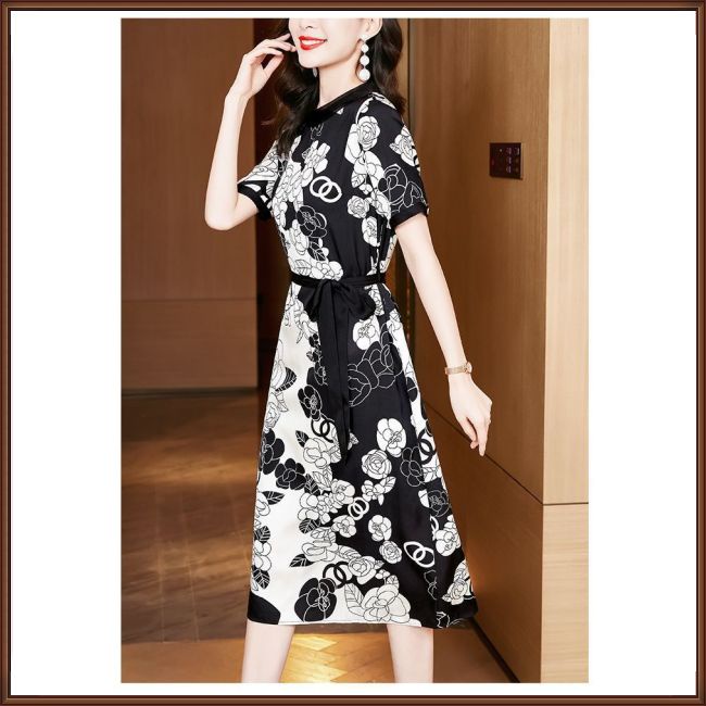 Đầm Midi Chữ A Tay Ngắn Cổ Tròn In Họa Tiết Phong Cách Cổ Điển Thời Trang Mùa Hè Cho Nữ