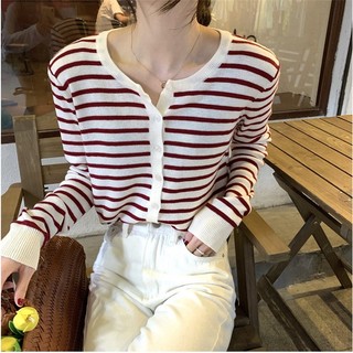 Áo Croptop Tay Dài Họa Tiết Kẻ Sọc Đơn Giản Phong Cách Hàn Quốc Cho Nữ