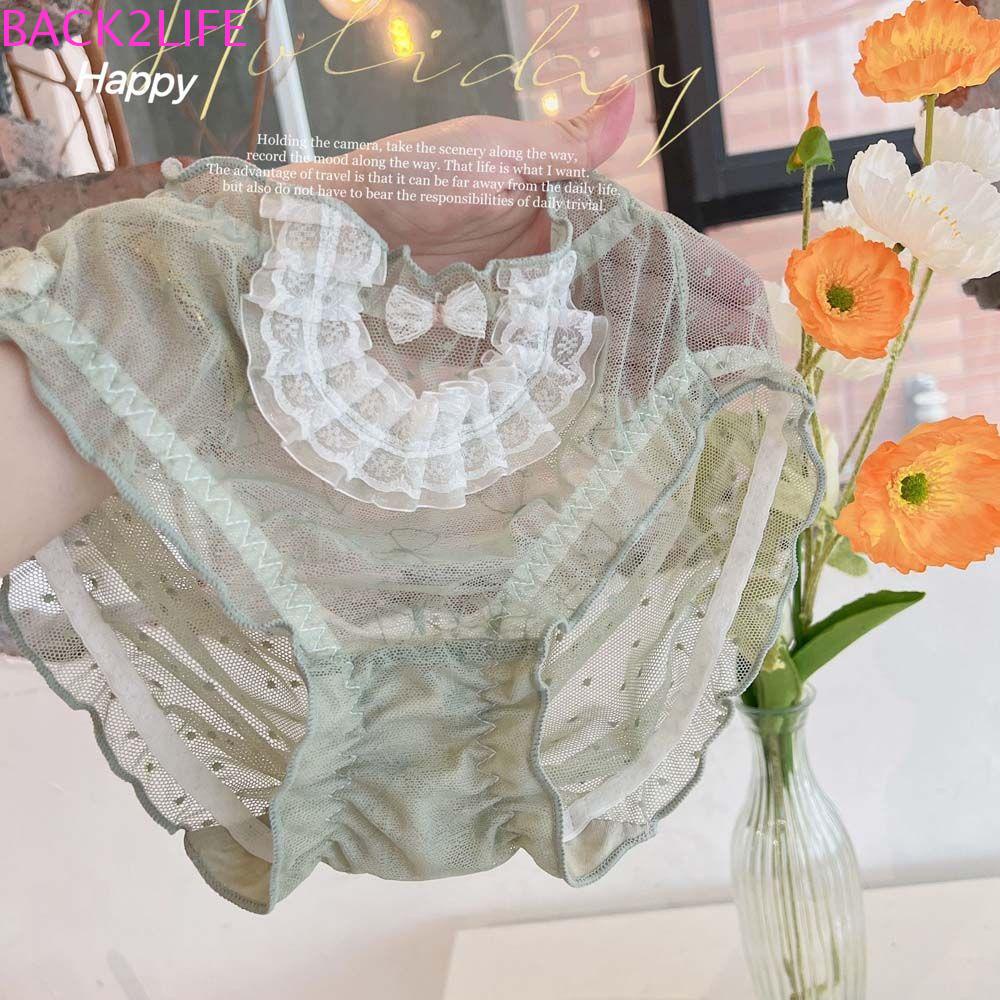 Quần Lót Lưng Thun Phối Ren Lưới Thoáng Khí Họa Tiết Chấm Bi Phong Cách Lolita Cho Nữ 2life