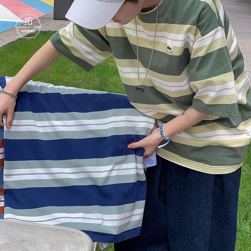 Áo thun nam tay ngắn dáng rộng kẻ sọc thời trang Nhật Bản
