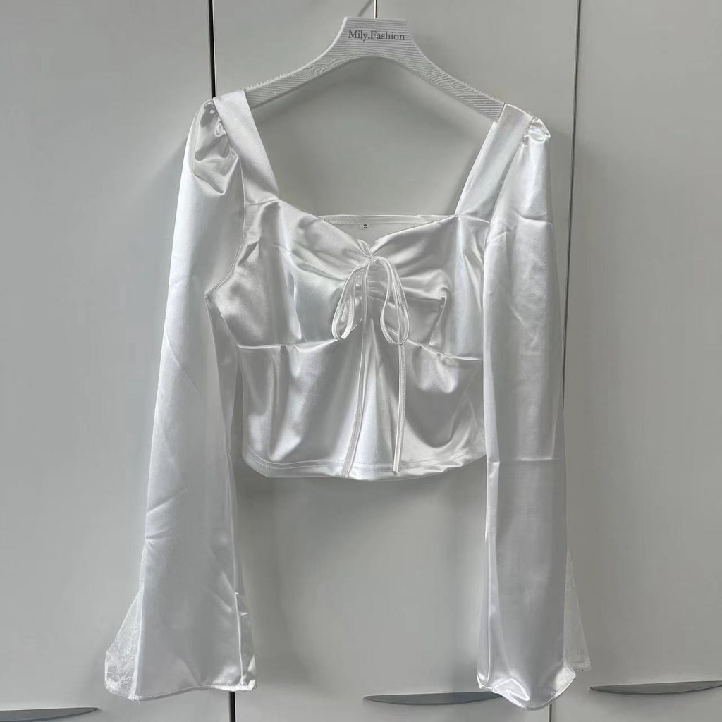 Áo Sơ Mi Satin Cổ Vuông Tay Loe Xếp Ly Thời Trang Xuân Hè 2023 Phong Cách Mới