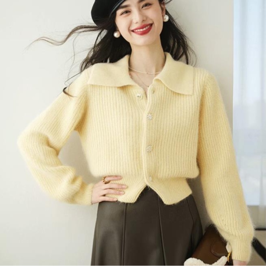 Nhân lên ve áo màu vàng ngắn mohair dệt kim cardigan phụ nữ mùa xuân thu hàng châu âu thời trang đẹp áo khoác len polo top ff