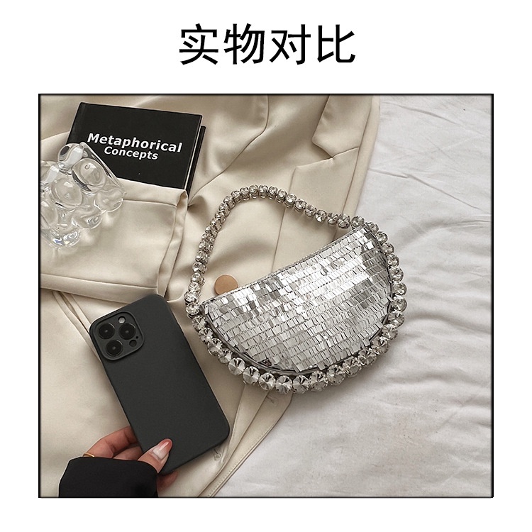 Túi Xách Cầm Tay Hình Bán Nguyệt Đính Đá Lấp Lánh Sang Trọng Dành Cho Nữ