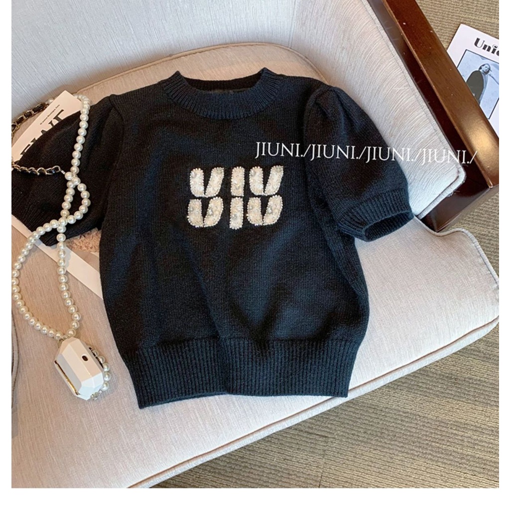 Áo Sweater Dệt Kim Tay Ngắn In Chữ Thời Trang Mùa Hè Năng Động