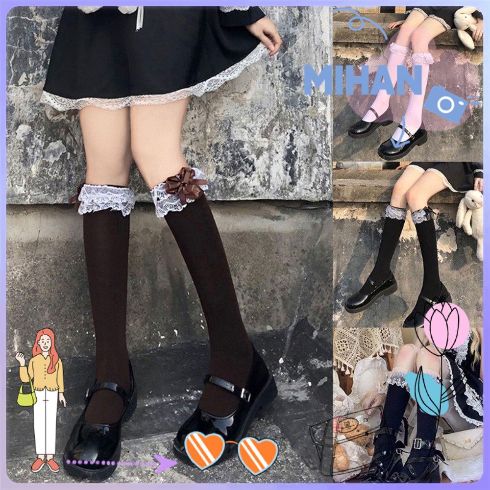 Vớ cotton cao đến đầu gối phối ren bèo Lolita dễ thương cosplay người hầu gái