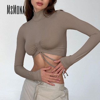 MsMona Nữ Thời Trang Mới Thường Ngày Gợi Cảm Pleat Cổ Rùa Màu Trơn Phong Cách Hip-hop Đầm Màu Trơn