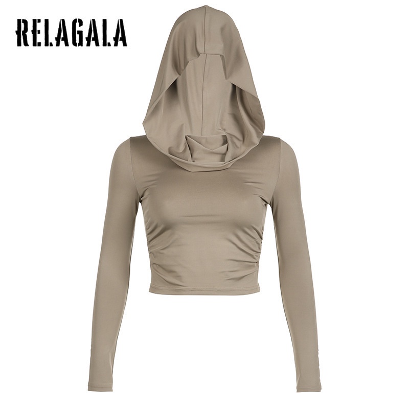 Relagala Áo Hoodie Ngắn Ôm Dáng Tay Dài Xếp Ly Mẫu Mới 2023 Phong Cách Wasteland Dune Cho Nữ